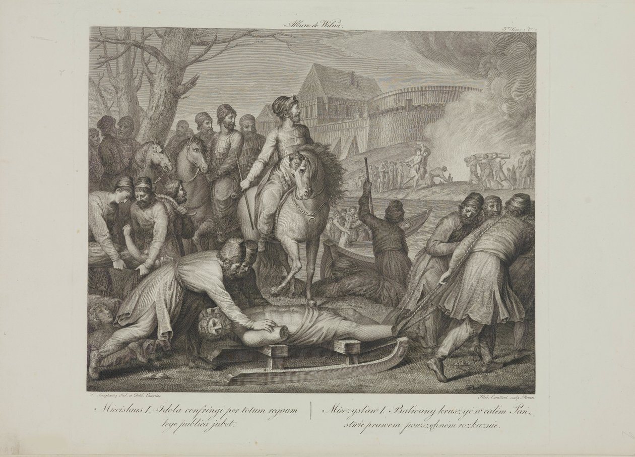 Ødeleggelsen av hedenske guder av Mieszko I av Polen av Smuglewicz, Franciszek (1745-1807). Litografi, slutten av 1700-tallet. Privat samling av Franciszek Smuglewicz