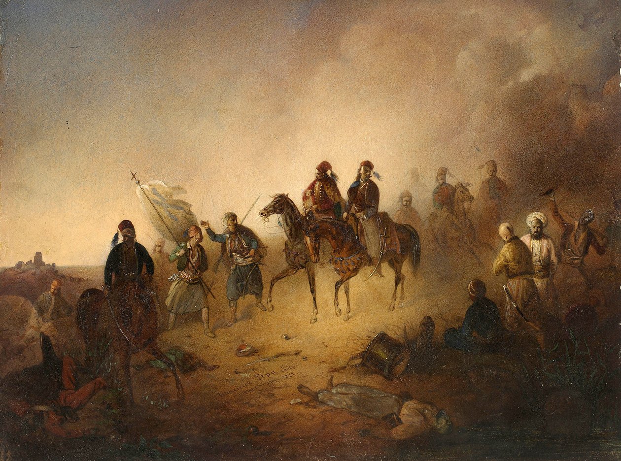 Markos Botzaris (Botsaris) (vers 1788-1823) i slaget ved Karpenisi, natt til 8. august av Franciszek Tomasz Tepa