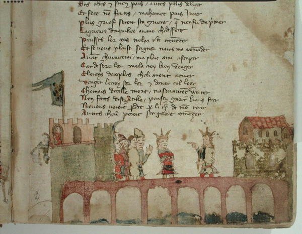 Ms Est 27 W 8.17 f.2r Et møte på en bro, fra The War of Attila av Nicola da Casola av Franco Italian School
