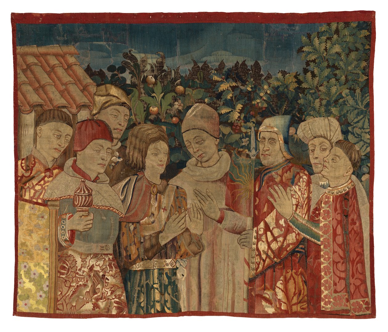 Uidentifisert billedvevsfragment med åtte figurer, A Disputation possibly, 2. halvdel av 1400-tallet (ull) av Franco Flemish School