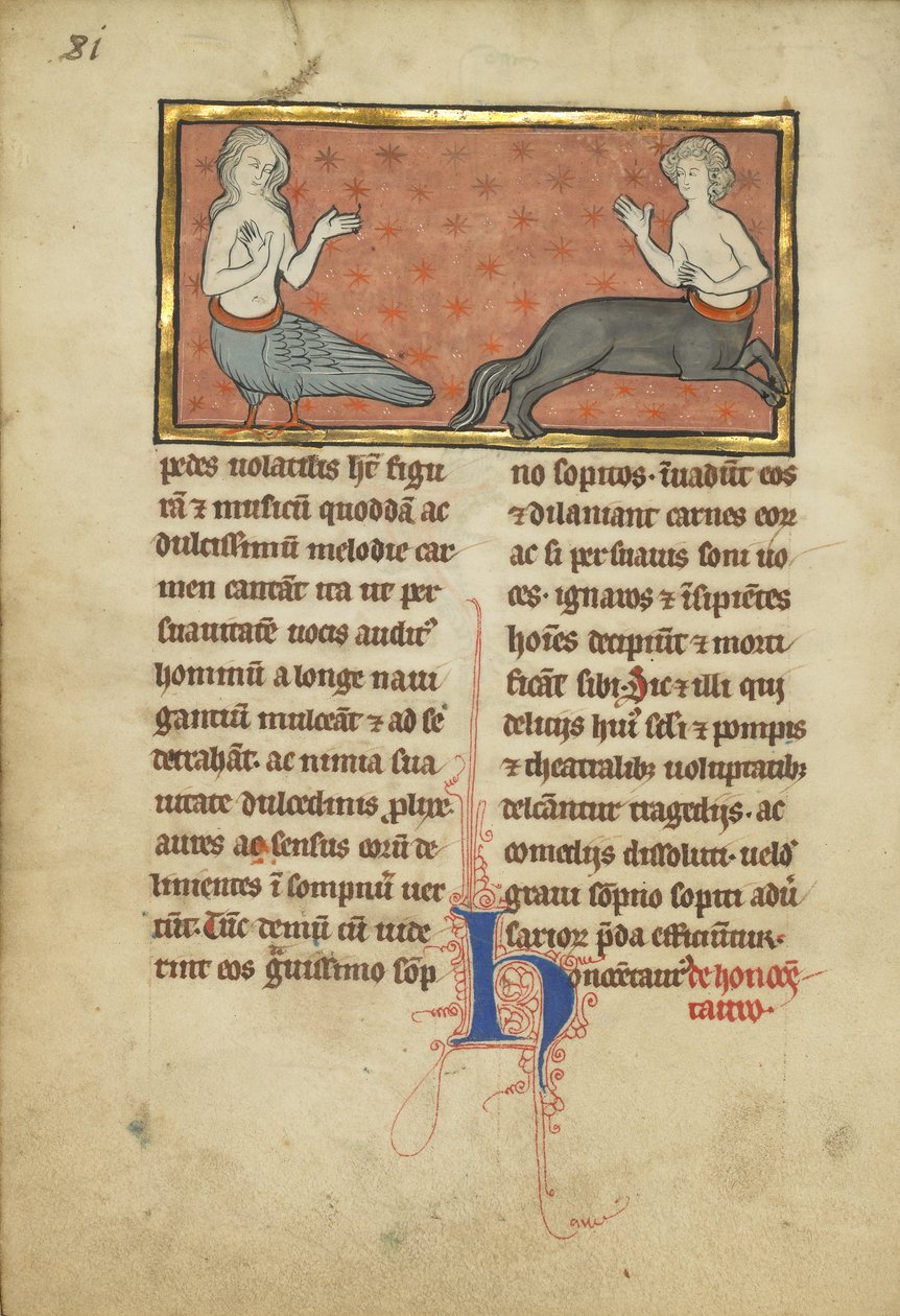 En sirene og en kentaur fra et bestiarium Ms Ludwig XV 4, fol. 81v, ca. 1280-1300 (tempera, penn og blekk, bladgull og maling på pergament) av Franco Flemish School