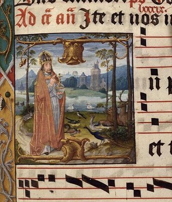 MS.41.f.84r Gud omgitt av fugler og dyr, Antiphon for Septuagesima (3. søndag før fasten), ca. 1490-1500 (vellum) av Franco Flemish School