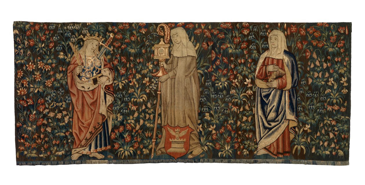 Mille fleurs-teppe, alterfront, som viser tre helgener, St Anne, St Clare og St Euphemia, laget ca. 1500, fransk eller flamsk (ull) av Franco Flemish School