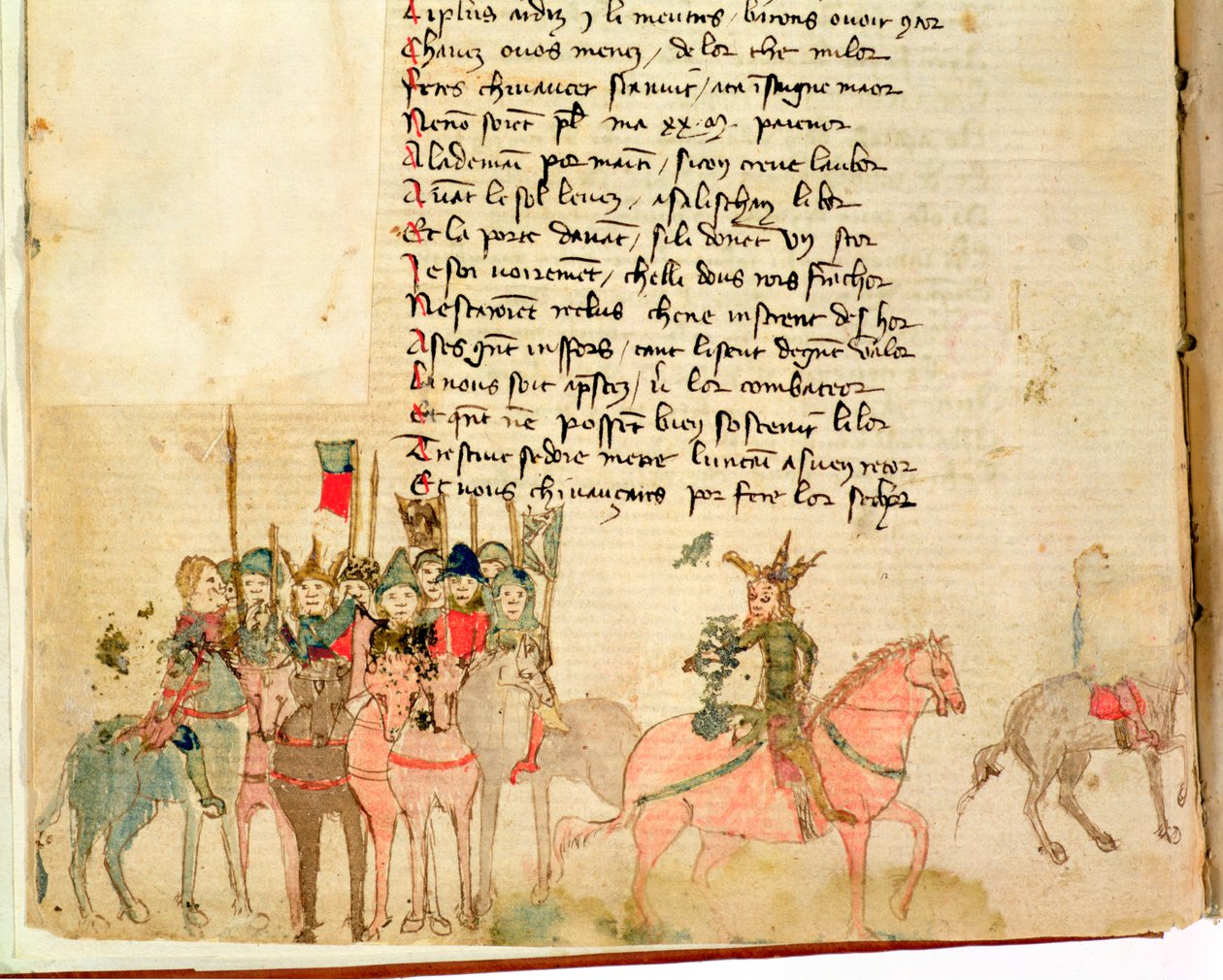 Ms Est 27 W 8.17 f.1v Hunnen Attila (ca. 406-453) og hans hær til hest, fra The War of Attila av Nicola da Casola av Franco Italian School