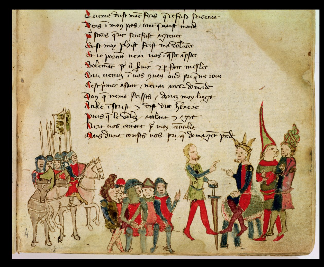 Ms Est 27 W 8.17 f.4r Hunnen Attila (ca. 406-453) i diskusjon med en av hans krigere, fra The War of Attila av Nicola da Casola av Franco Italian School