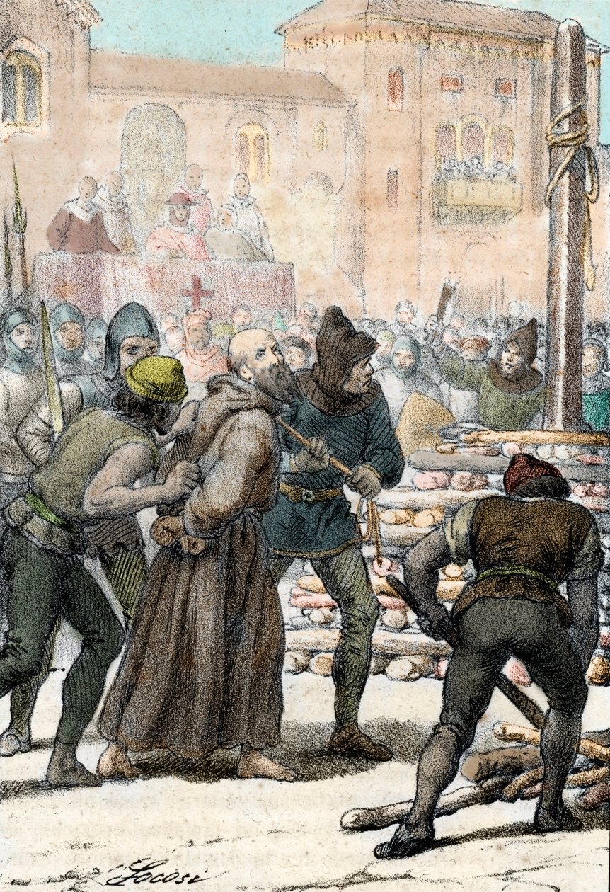Henrettelse av den italienske religiøse reformatoren Arnaldo da Brescia (Arnaud de Brescia) (1100-1155) den 18. juni 1155 (Brenningen av den italienske kanonregulære Arnold (Arnaldus) av Brescia juni 1155) Gravering fra "I misteri del vaticano" av Franco M av Franco Mistrali