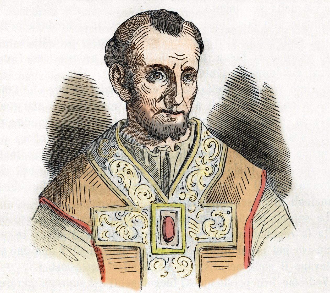 Middelalder: representasjon av pave Nicholas I den store (Nicola I, Nicholas eller Nicolo eller Niccolo eller Nicolaus) (858-867) tegning fra "I misteri del vaticano" av Franco Mistrali 1843 av Franco Mistrali
