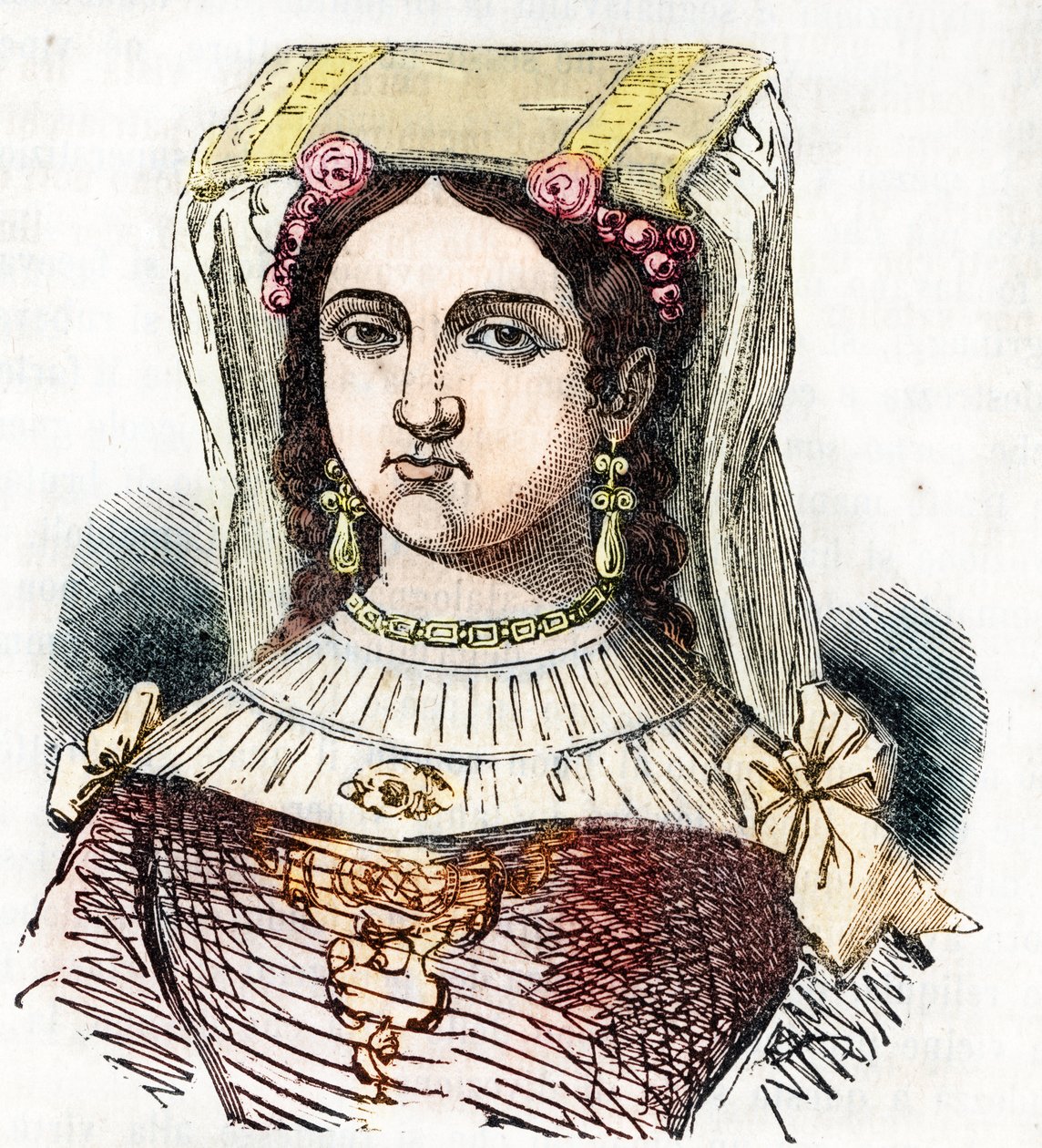 Portrett av den romerske adelige Marozie Iere (Mariuccia, Mariozza eller Marousie av Tusculum) (ca. 890-932/937), datter av Theophylacte og Theodora I den Gamle (Marozia romersk adelskvinne som var den påståtte elskerinnen til pave Sergius III) tegning fra av Franco Mistrali