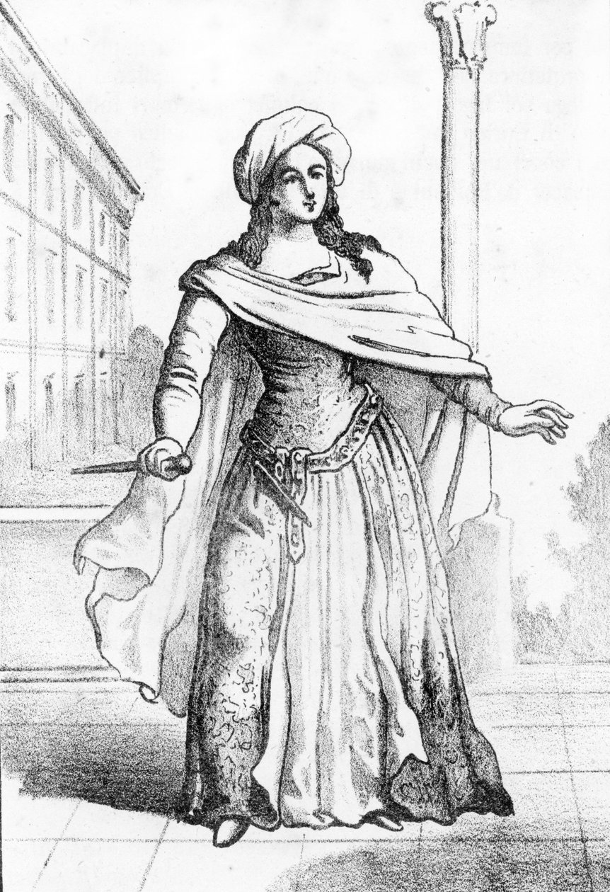 Portrett av den unge romerske Beatrice Cenci (1577-1599) anklaget for drapet på faren Francesco Cenci i 1598 (Portrett av den unge romerske adelskvinnen Beatrice Cenci som myrdet faren hennes, grev Francesco Cenci i 1598) Gravering fra "" I misteri del va av Franco Mistrali