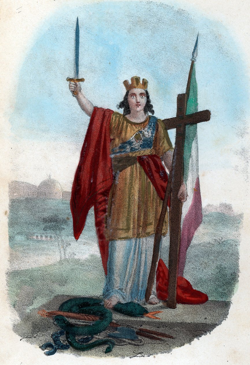 Risorgimento: Allegorisk representasjon av det triumferende Italia som står på slangen til den ødelagte kirken og reiser et sverd med et kors og et flagg, symboler på politisk, religiøs og sivil risorgimento) Frontispice tire de "" I misteri del vaticano"" av Franco Mistrali
