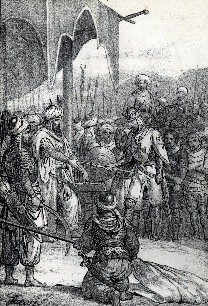 Syvende korstog: Kong Ludvig IX ble tatt til fange i slaget ved Fariskur 6. april 1250 (Syvende korstog: Kong Ludvig IX fange i slaget ved Fariskur, 6. april 1250) Tegning fra "Misteri del Vaticano" av Franco Mistrali av Franco Mistrali
