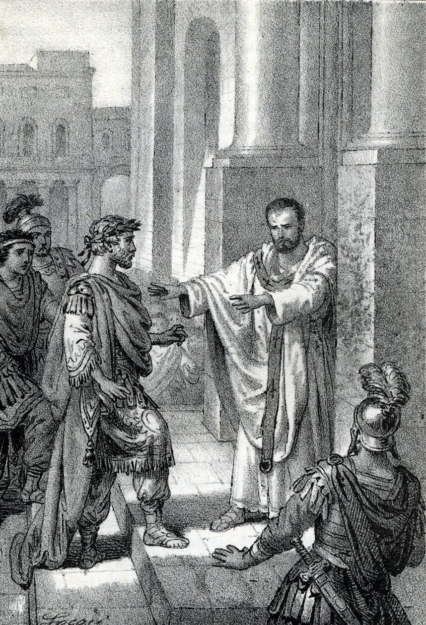 Erkebiskopen Saint Ambrosius av Milano (Aurelius Ambrosius, Ambrogio di Milano (340-397) forbød inngangen til kirken til den romerske keiseren Theodosius I (Flavius Theodosius) (347-395) for å straffe ham for massakren i Thessalonica i 390 - Excommunicati av Franco Mistrali
