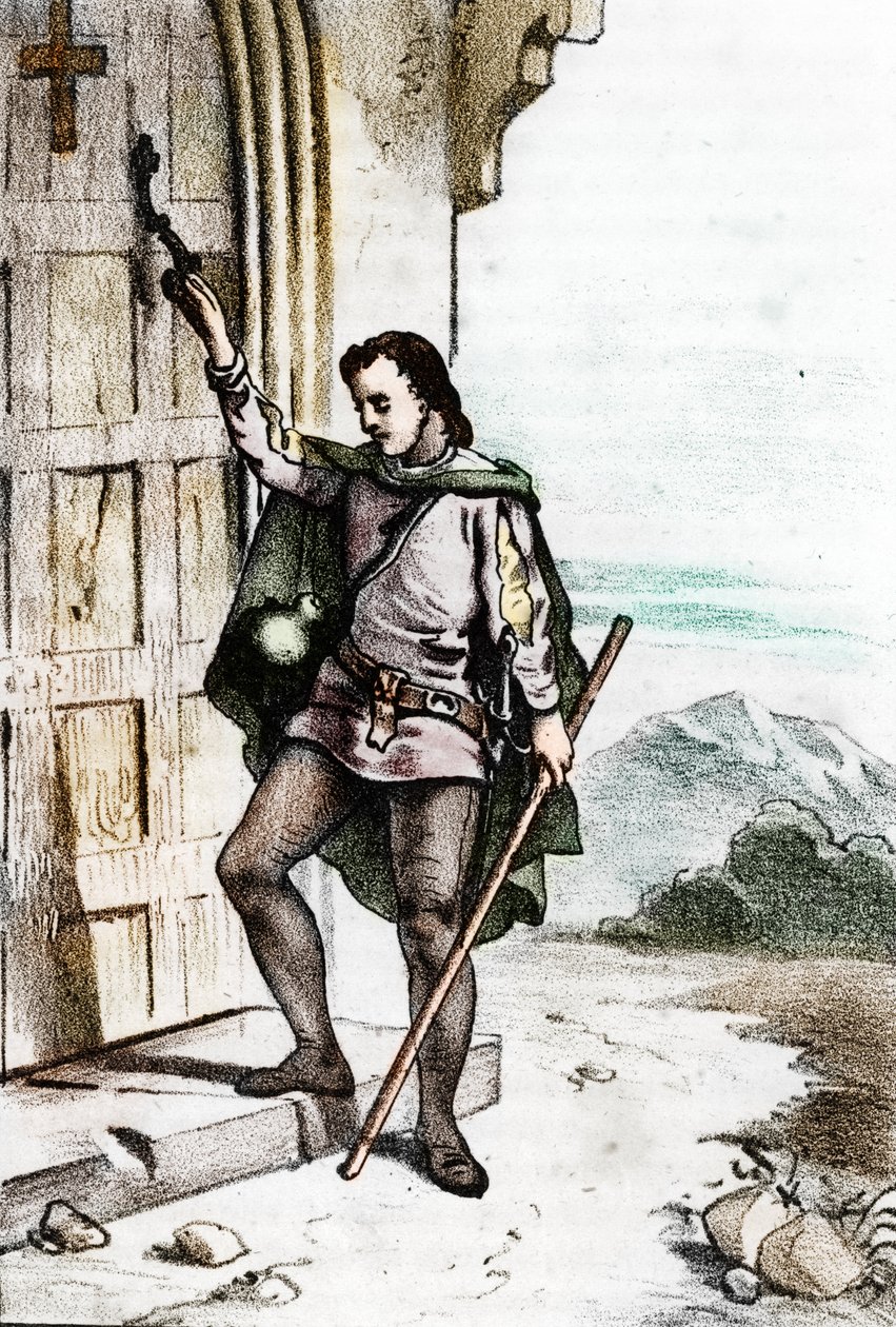 Den unge Jerome Savonarole (Girolamo Savonarola) (1452-1498) banket på døren til det dominikanske klosteret Santo Domenico i Bologna i 1475 (Girolamo Savonarola som ung banket på døren til klosteret San Domenico, av ordenen til Brødre av Franco Mistrali