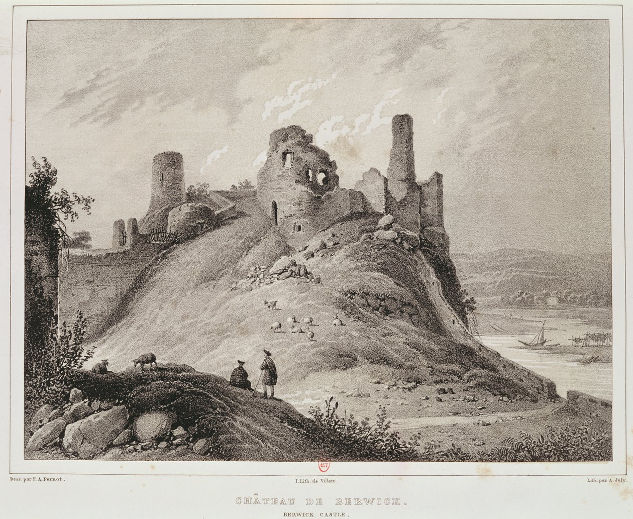 Utsikt over Berwick Castle, Berwick-upon-Tweed, gravert av Villain av Francois Alexandre Pernot