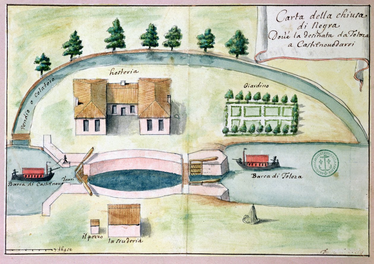 Tegning av slusen ved Niagara på Canal du Midi av Francois Andreossy