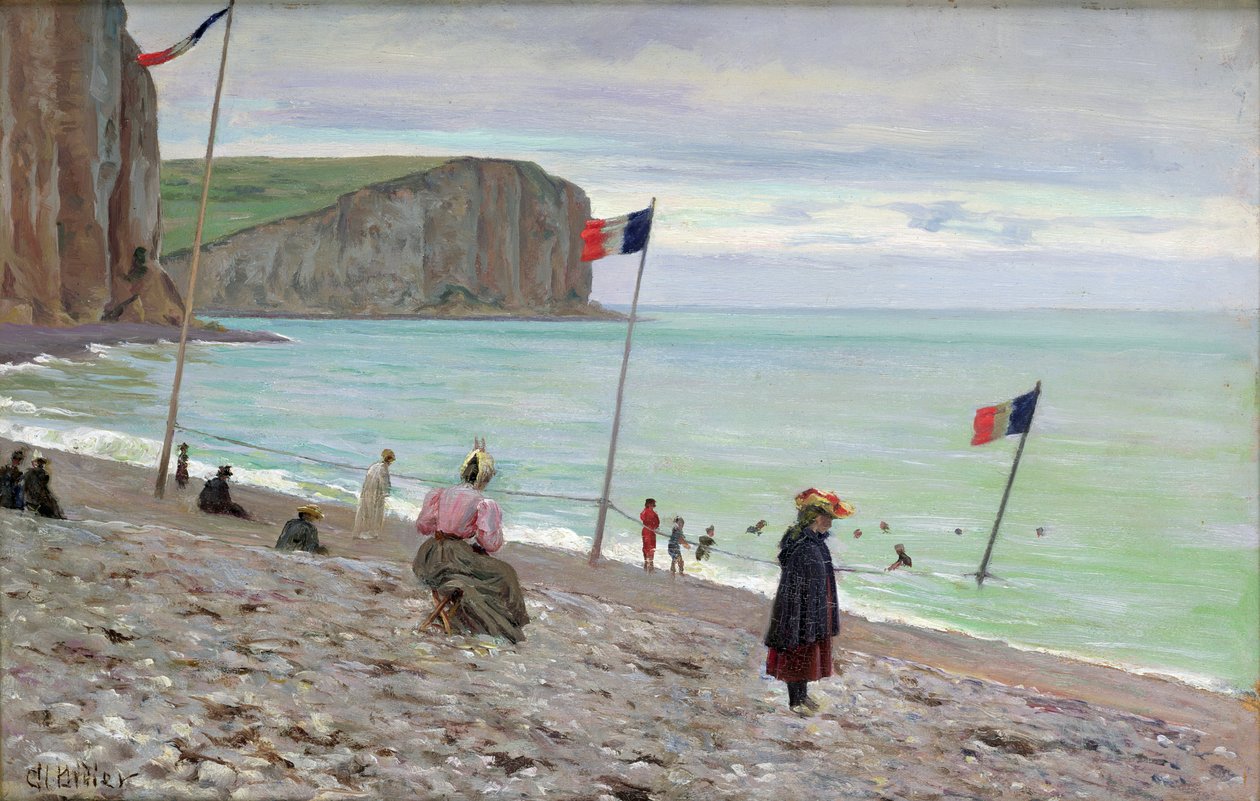 Strandscene ved Fecamp, Nord-Frankrike av Francois Auguste Didier Clovis