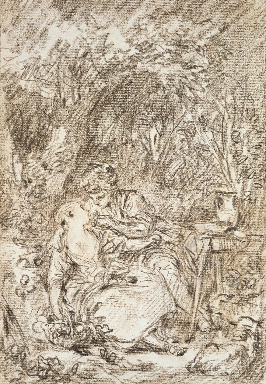 Et par som omfavner - Annette og Lubin (rødt kritt på papir) av François Boucher