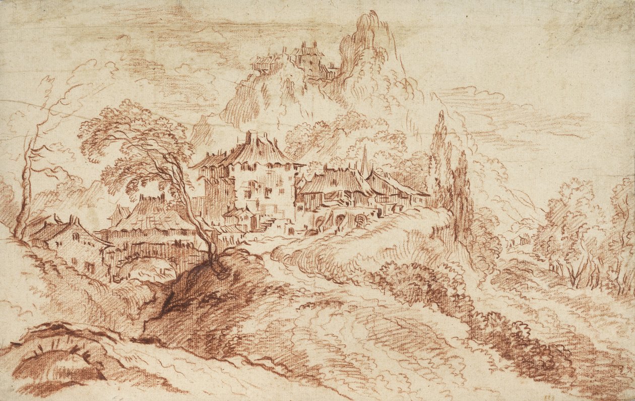 En italiensk landsby i et fjellandskap (rødt kritt på papir) av François Boucher