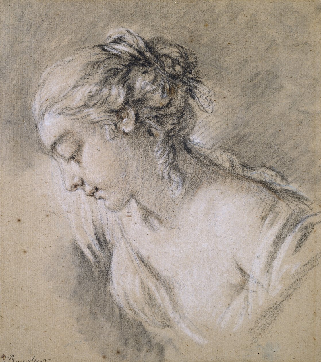 Byste av en jente i profil til venstre (kritt på papir) av François Boucher