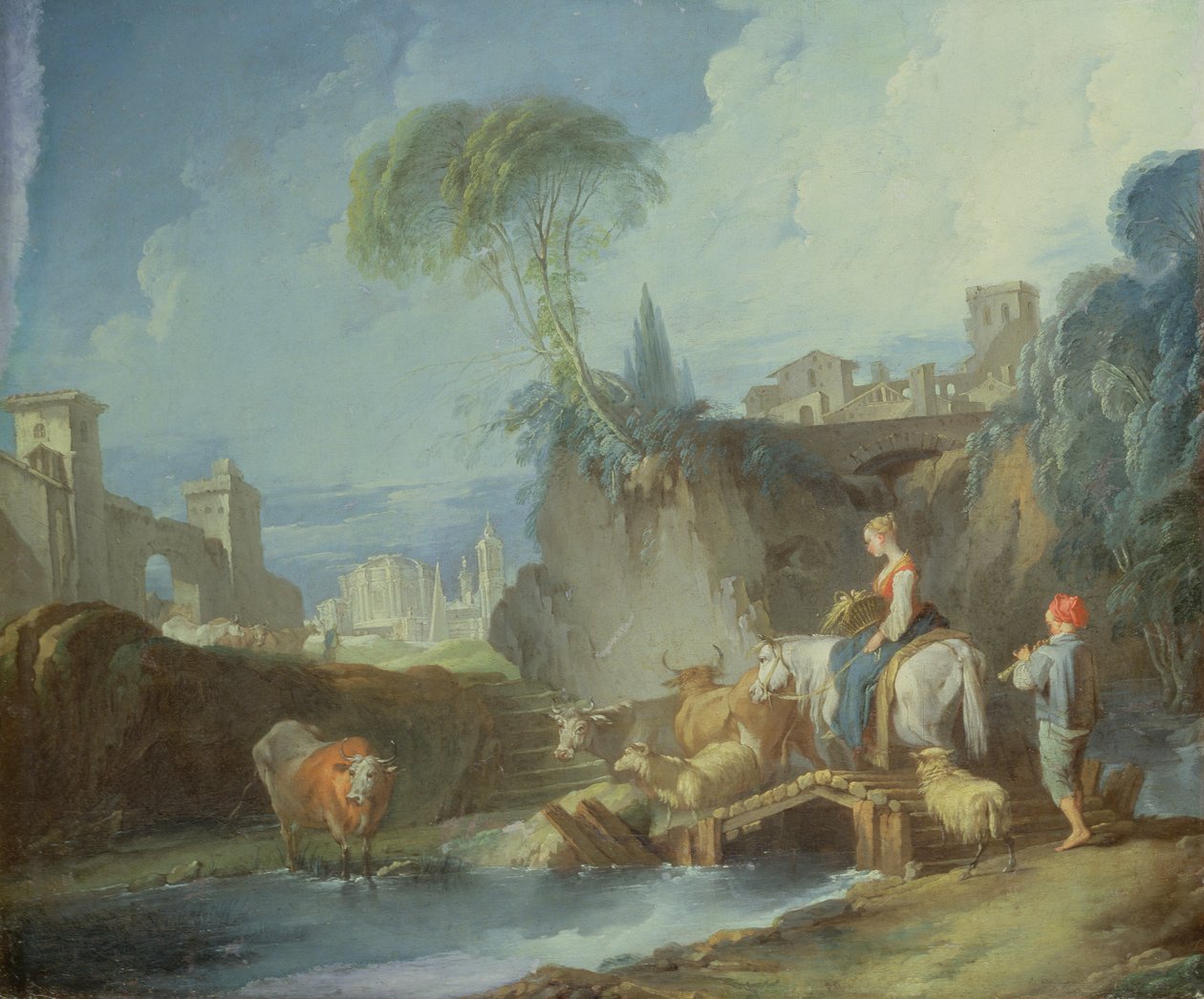 Crossing the Bridge, sent på 1730-tallet (venstre halvdel av originalmaleriet med 73442) av François Boucher