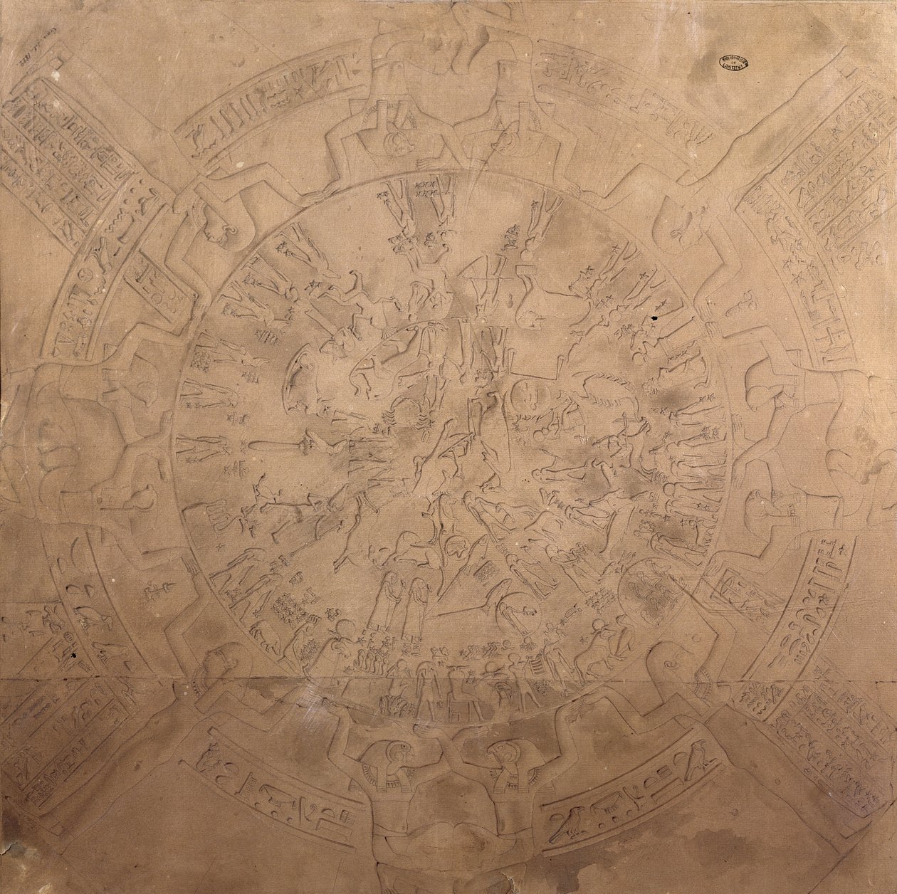 Astrologisk planisfære av dyrekretsen til Dendera, fra taket i kapellet ved Temple of Hathor, Dendera, Egypt, 1822 (penn, blyant og wc på papir) av Francois Chretien Gau