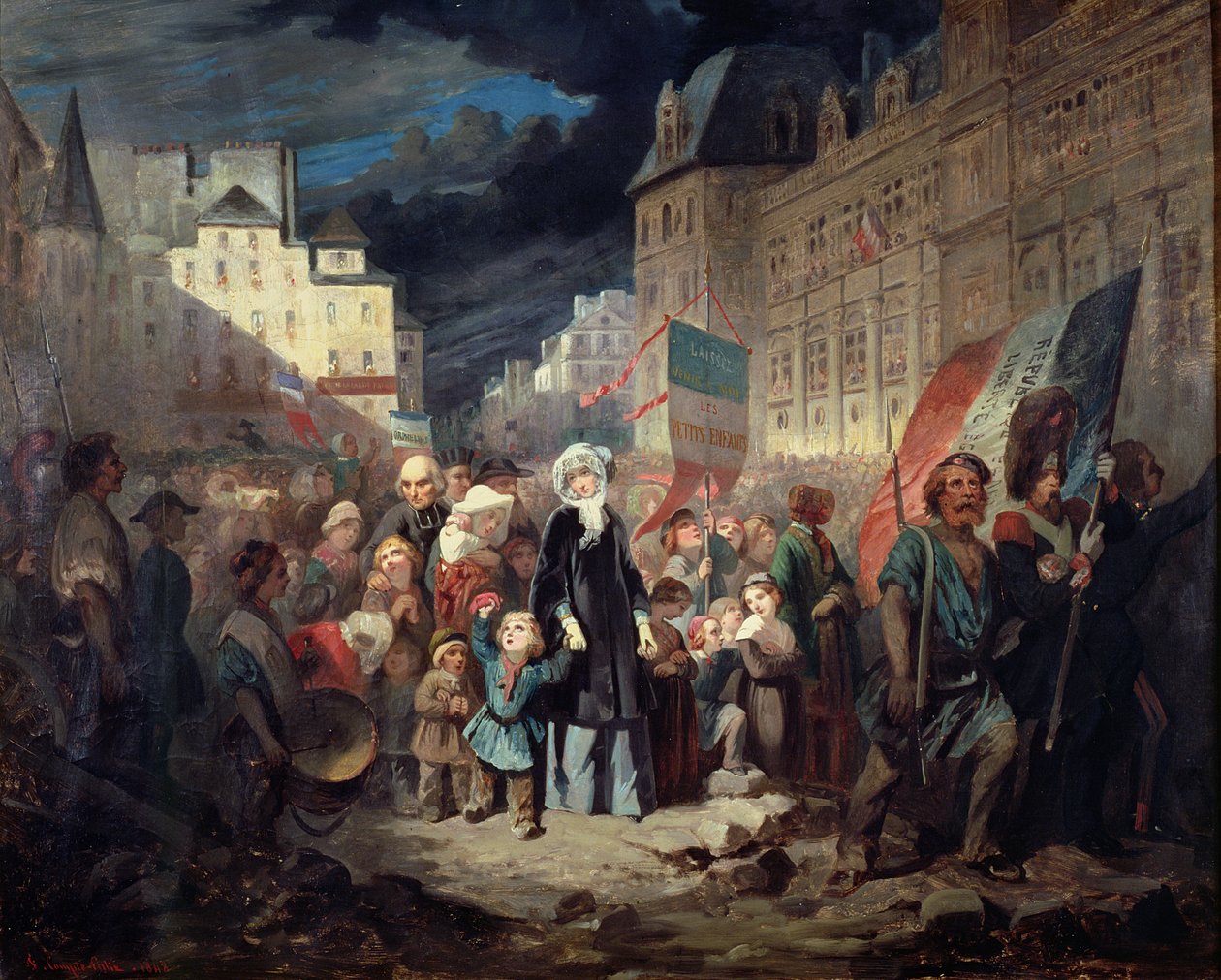 Madame Lamartine adopterer barna til patrioter drept ved barrikadene i Paris under revolusjonen i 1848, 1848 av Francois Claudius Compte Calix