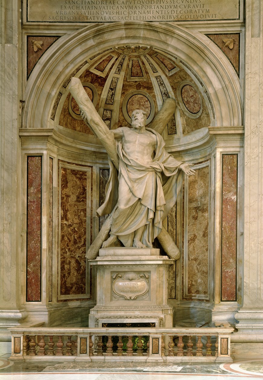 Statue av St. Andrew, ved foten av de fire søylene som støtter kuppelen, 1629-40 av Francois Duquesnoy