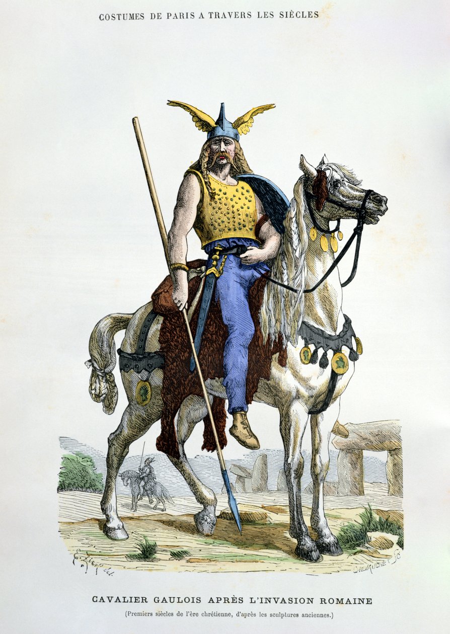 En gallisk kriger etter invasjonen av Roma, illustrasjon fra 'Costumes de Paris a Travers les Siecles' av H. Gourdon de Genouillac, gravert av Chevauche, 1879 av Francois Edouard Zier