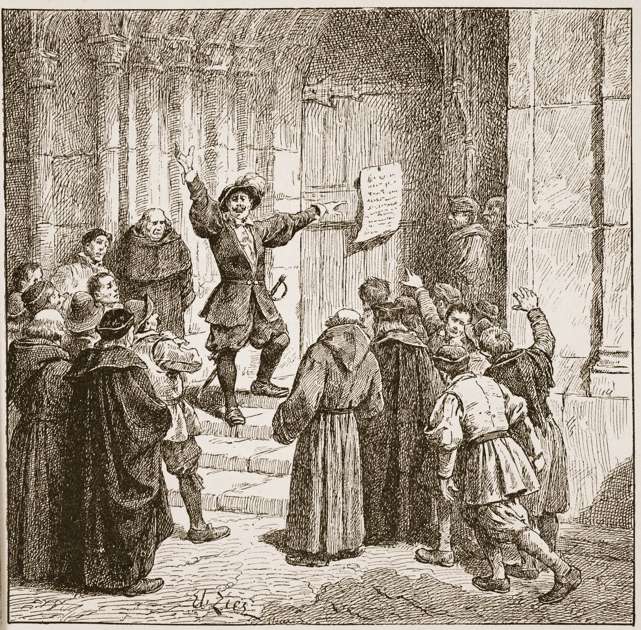 Aske fester sin proklamasjon på døren til York Cathedral, illustrasjon fra 'The Church of England: A History for the People' av HDM Spence-Jones, pub. ca. 1910 (sepia-bilde) av Francois Edouard Zier