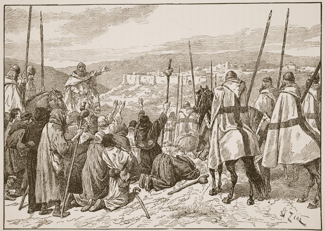 Pilegrimer under eskorte av Knights Templars, i syne av Jerusalem, illustrasjon fra 