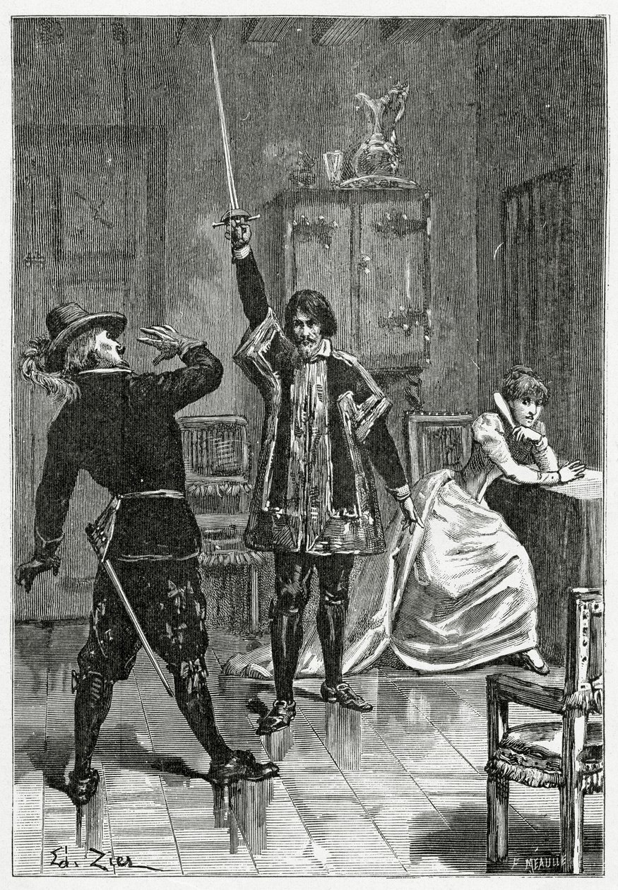 Ruy Blas konfronterer Don Salluste, 1800-tallet (bw-gravering) av Francois Edouard Zier