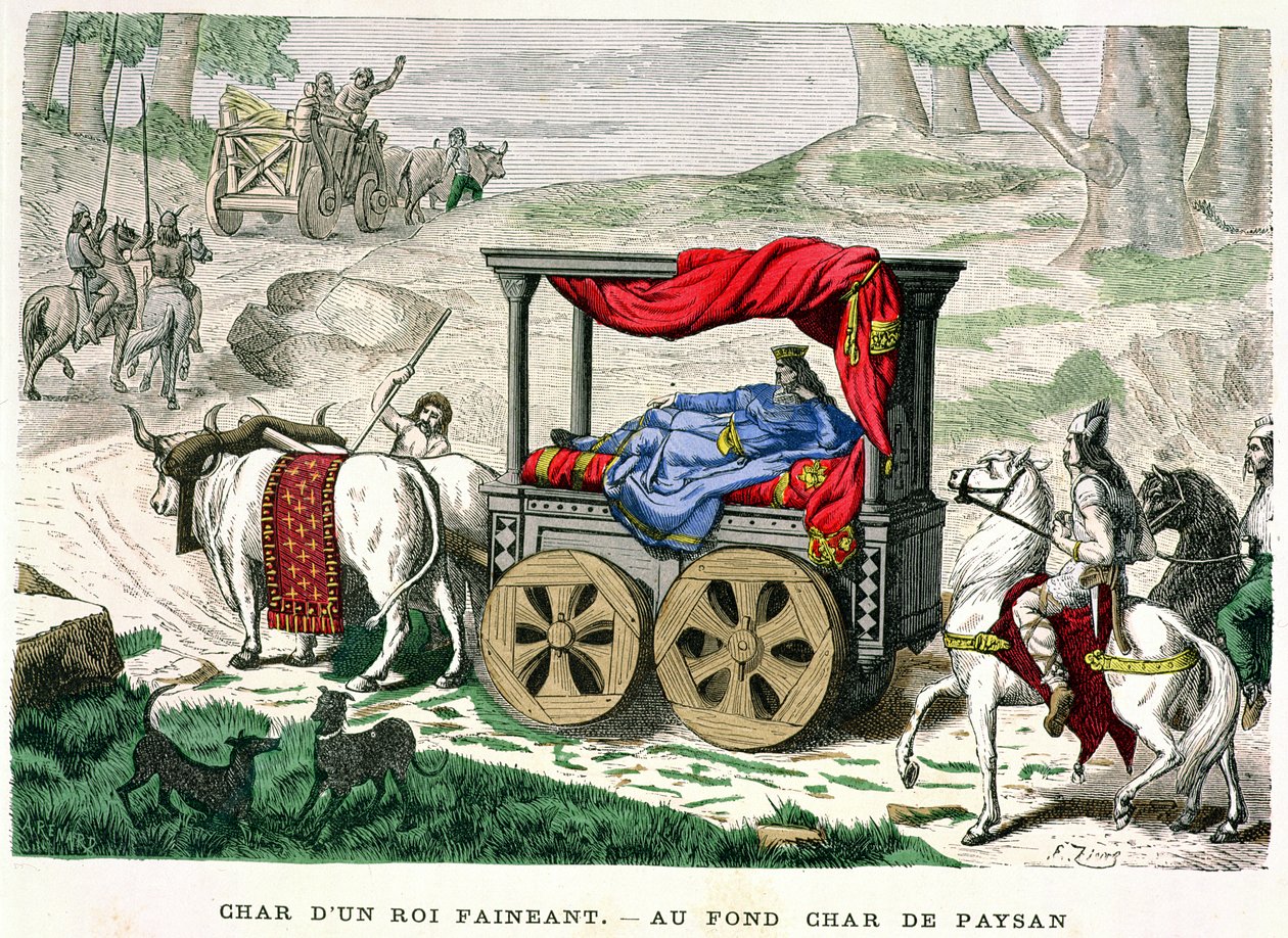 Vognen til en av 'Rois Faineants' eller senere merovingerkonger, illustrasjon fra 'Costumes de Paris a Travers les Siecles' av H. Gourdon de Genouillac, gravert av A. Renard, 1879 (farget en av Francois Edouard Zier