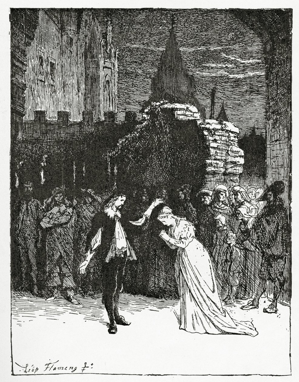 Didier tar farvel med Marion de Lorme, 1800-tallet (bw-gravering) av Francois Flameng