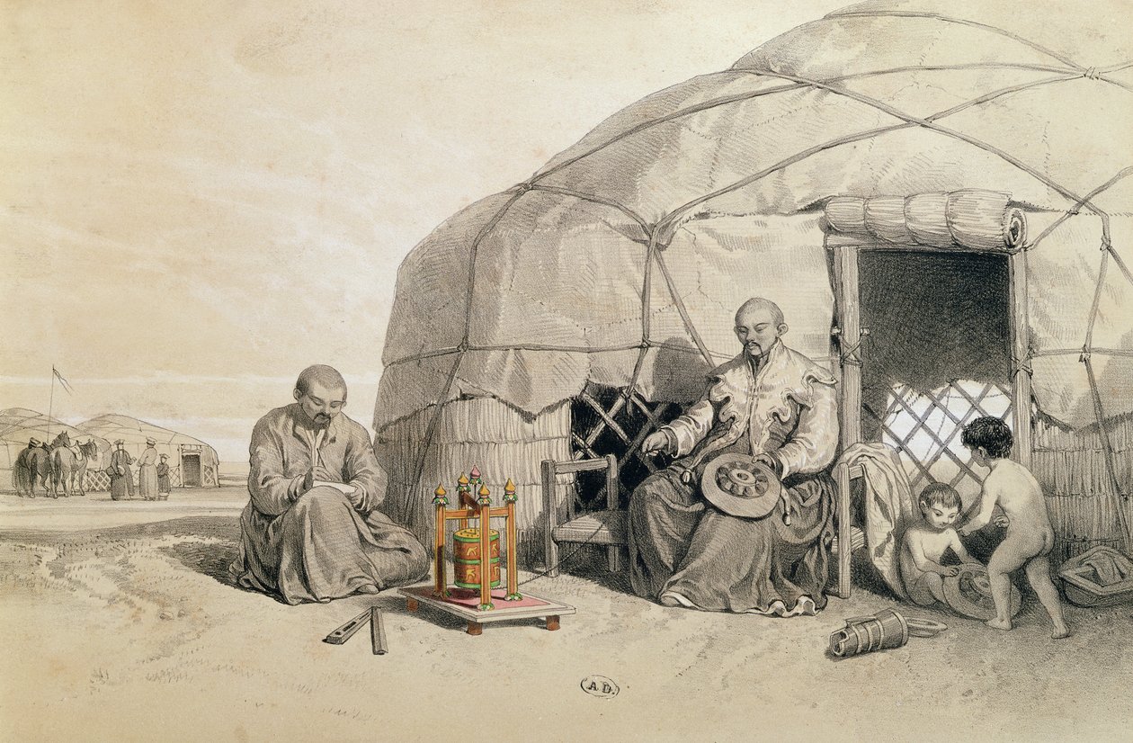 Kalmuks with a Prayer Wheel, Sibir, illustrasjon fra "Voyage a la mer Caspienne" av Xavier Hommaire de Hell (1812-48) ca. 1850 av Francois Fortune Antoine Ferogio
