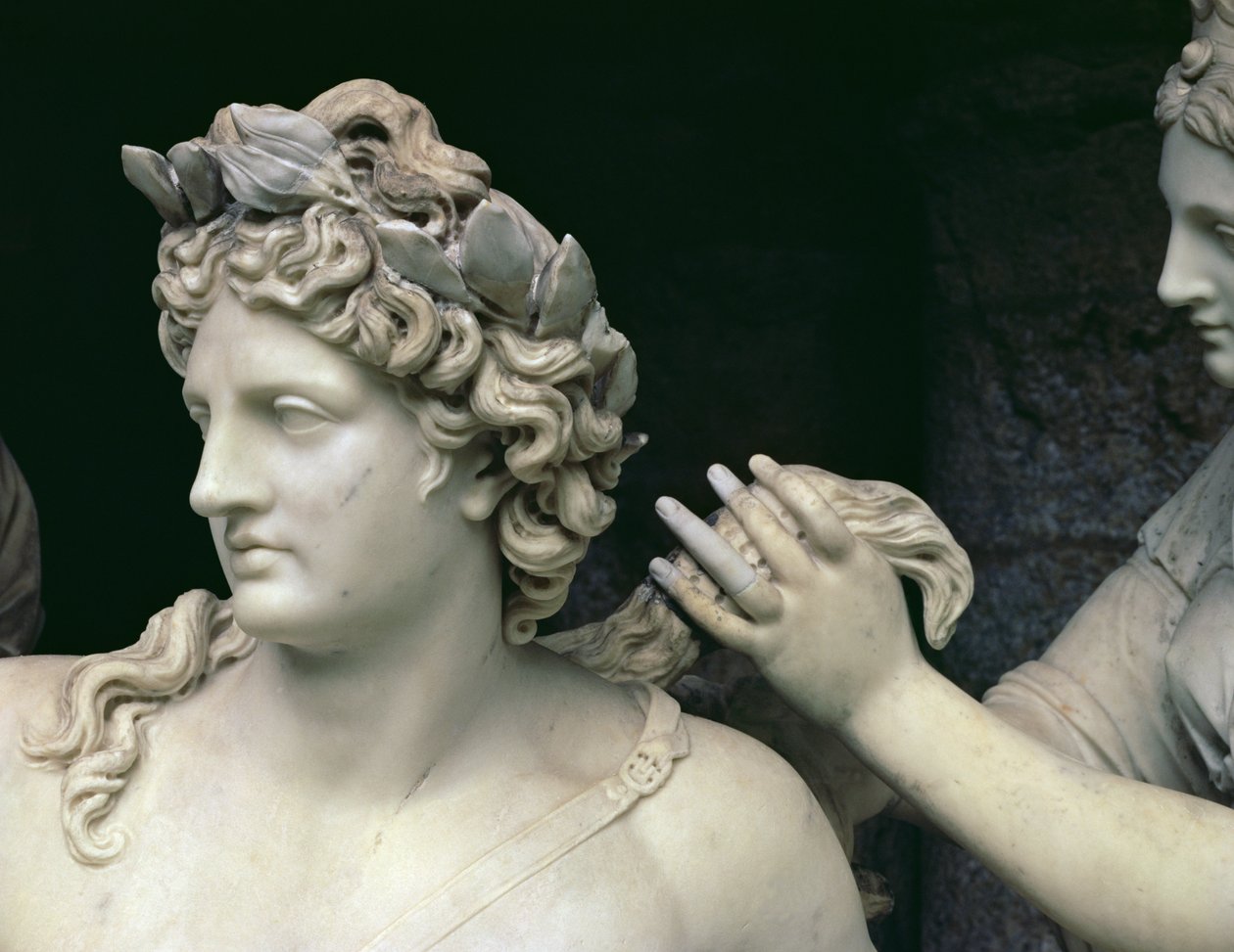 Apollo Tended by the Nymphs, detalj som viser hodet til Apollo, beregnet på Thetis-grotten, henrettet med assistanse av Thomas Regnaudin 1622-1706 1666-75 marmordetalj av 89799 av Francois Girardon