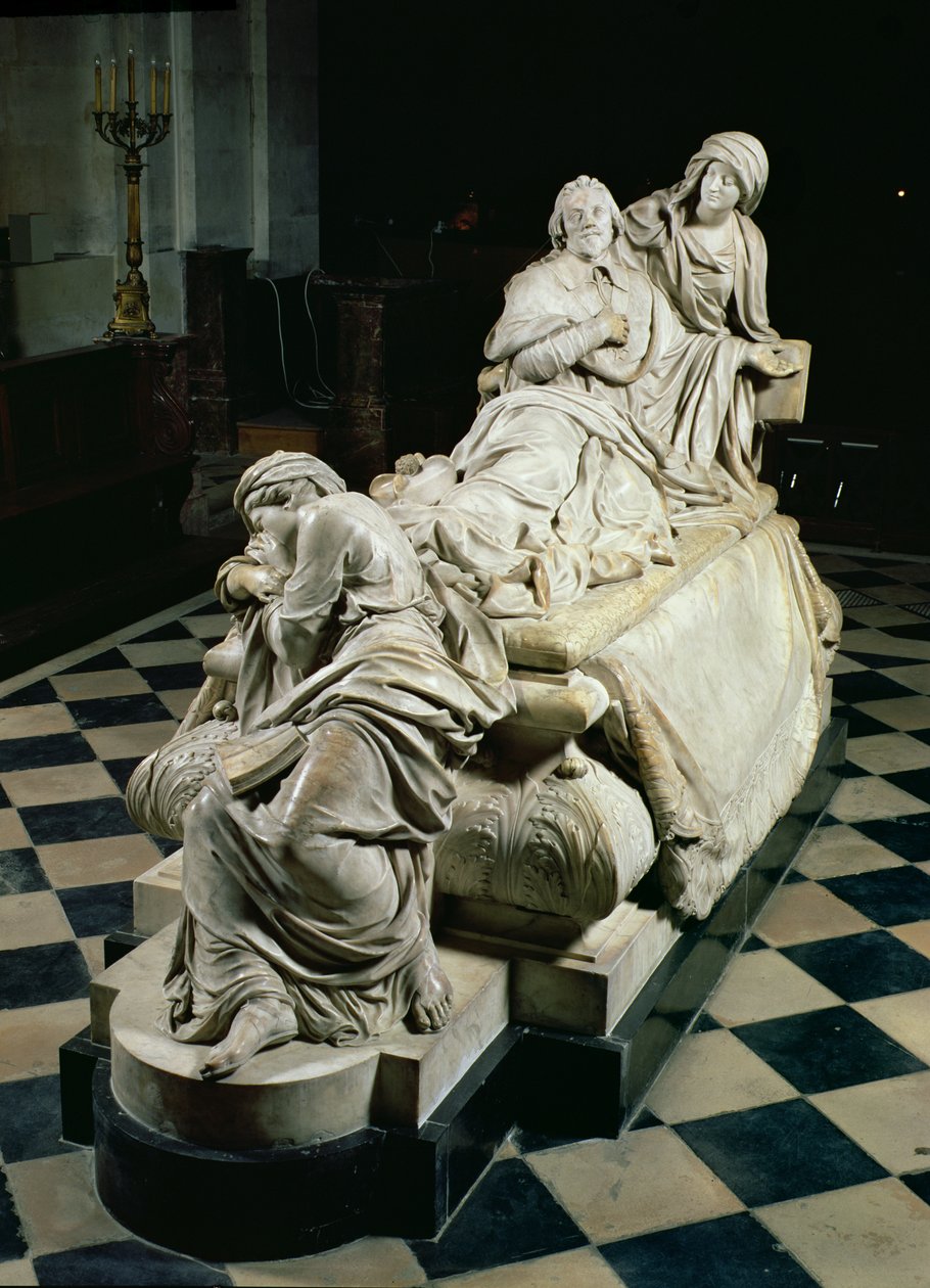 Begravelsesmonument til Armand-Jean du Plessis, kardinal Richelieu (1585-1642) som viser kardinalen som utløper i fromhetens armer, en gråtende statue av den kristne lære ved hans føtter, 1675-94 (marmor) av Francois Girardon