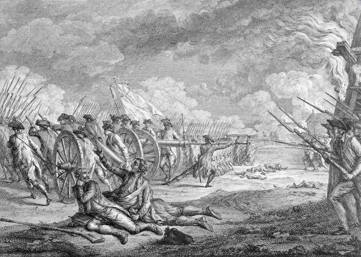Slaget ved Lexington, 19. april 1775, fra 'Recueil d'Estampes' av Nicholas Ponce, gravert av kunstneren av Adrien Pierre Francois Godefroy