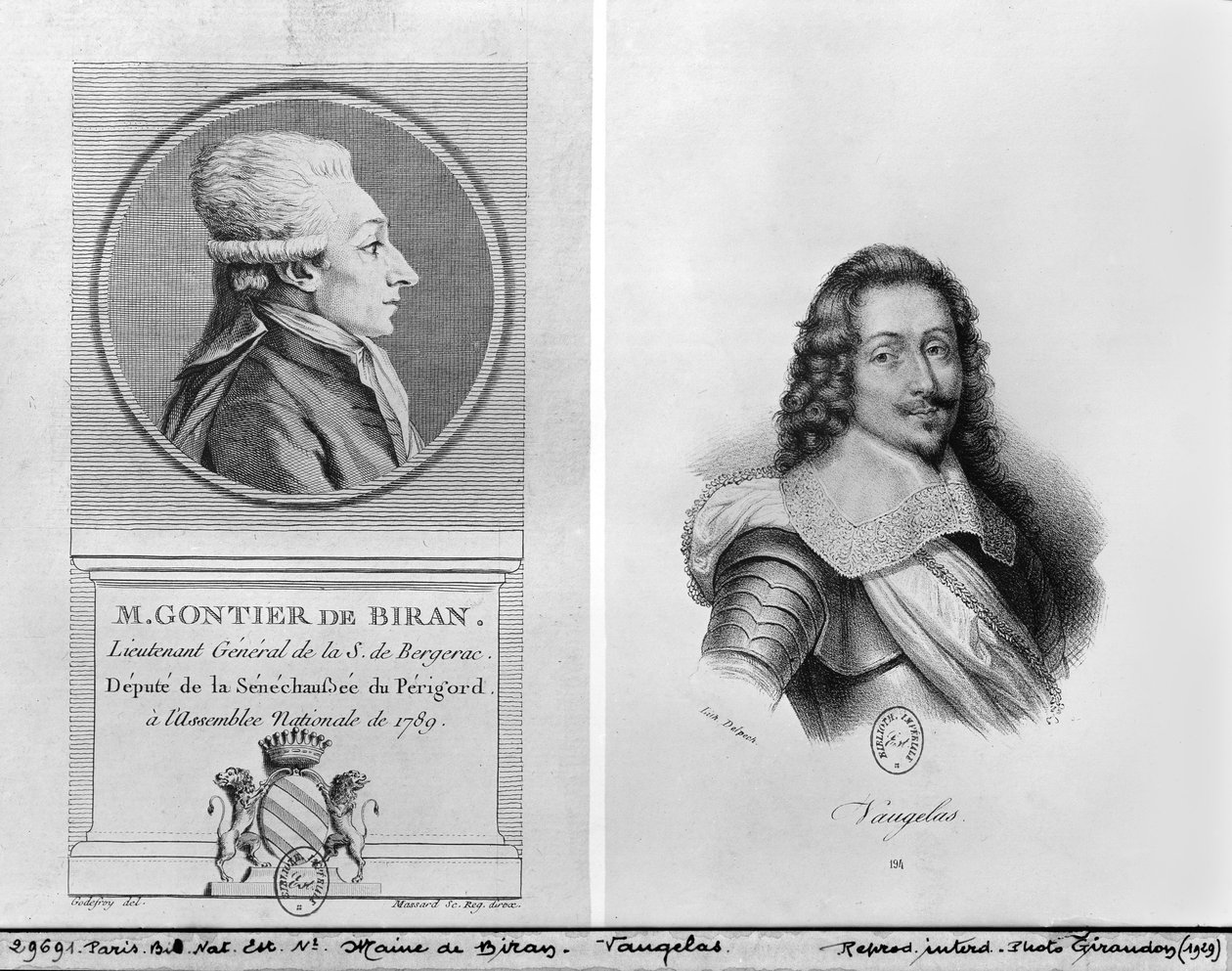 Portrett av Marie Francois Gontier de Biran kjent som Maine de Biran (1766-1824), Portrett av Claude Favre de Vaugelas (1585-1650) gravert av Francois Seraphin Delpech (1778-1825) og Massard (19.) ( av Adrien Pierre Francois Godefroy