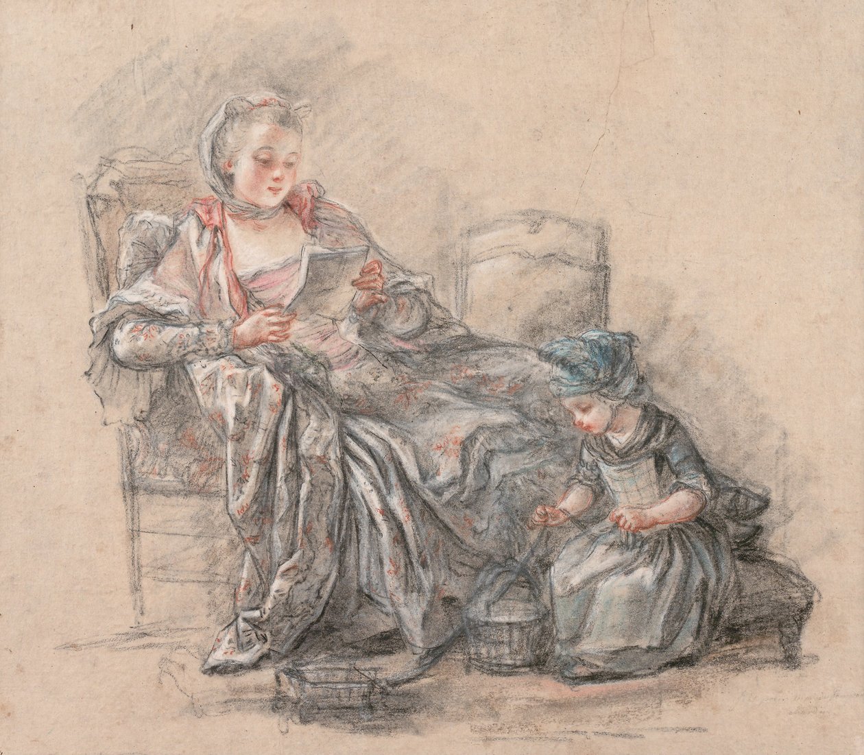 Woman Reading and a Girl Playing (antagelig Marquise de Pompadour med datteren Alexandrine), 1748 av Francois Guérin