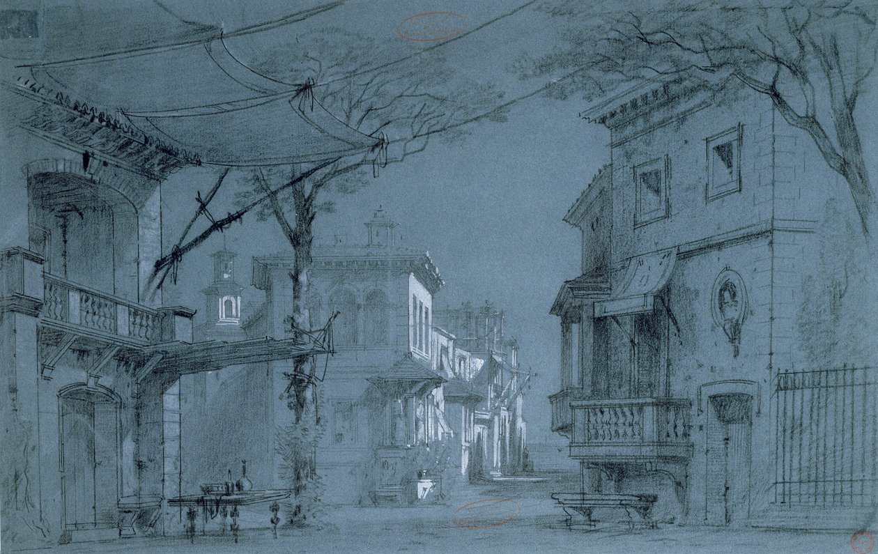 Design for settet Les Caprices de Marianne av Alfred de Musset (1810-1857) (penn, blekk og fargestift på blått papir) av Francois J. and Rube, Auguste A. Nolau