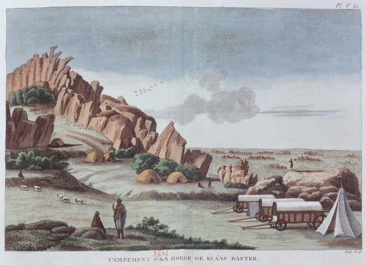 Klaas Baster Camp, fra 'Voyages of M. le Vaillant in the Interior of Africa by Cape of Bonne Esperance 1780-85', gravert av Hulk, utgitt 1790 (fargegravering) av Francois Le Vaillant