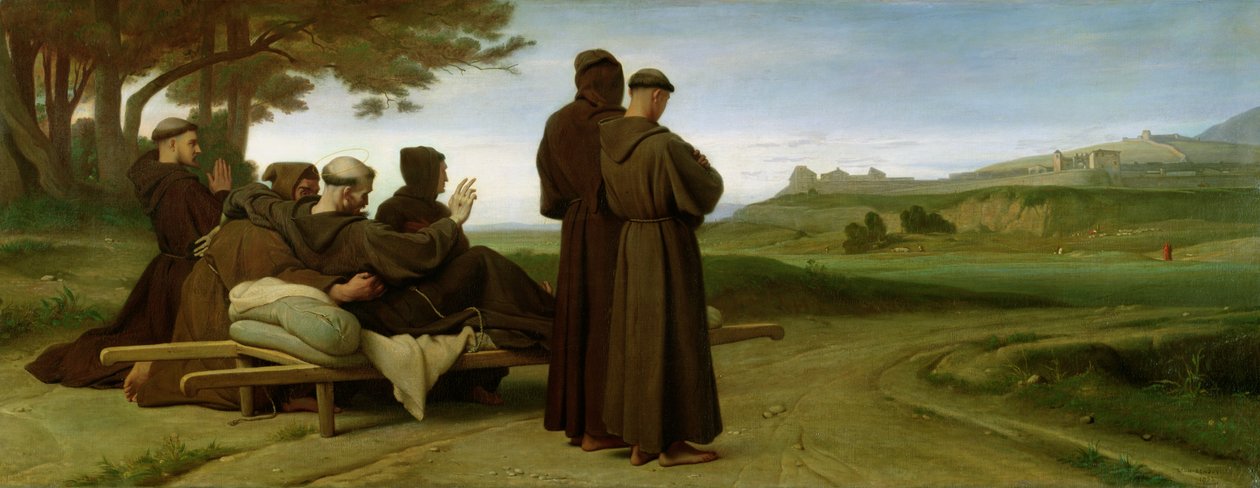 St. Frans av Assisi, mens han blir båret til sitt siste hvilested ved Saint-Marie-des-Anges, velsigner byen Assisi i 1226, 1853 av Francois Leon Benouville