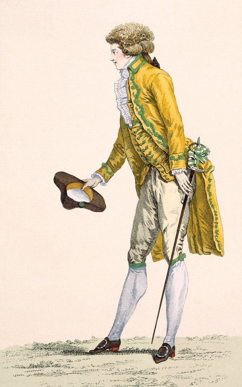 En ung mann iført en brodert jakke og vest, gravert av Le Beau, plate nr.253 fra 