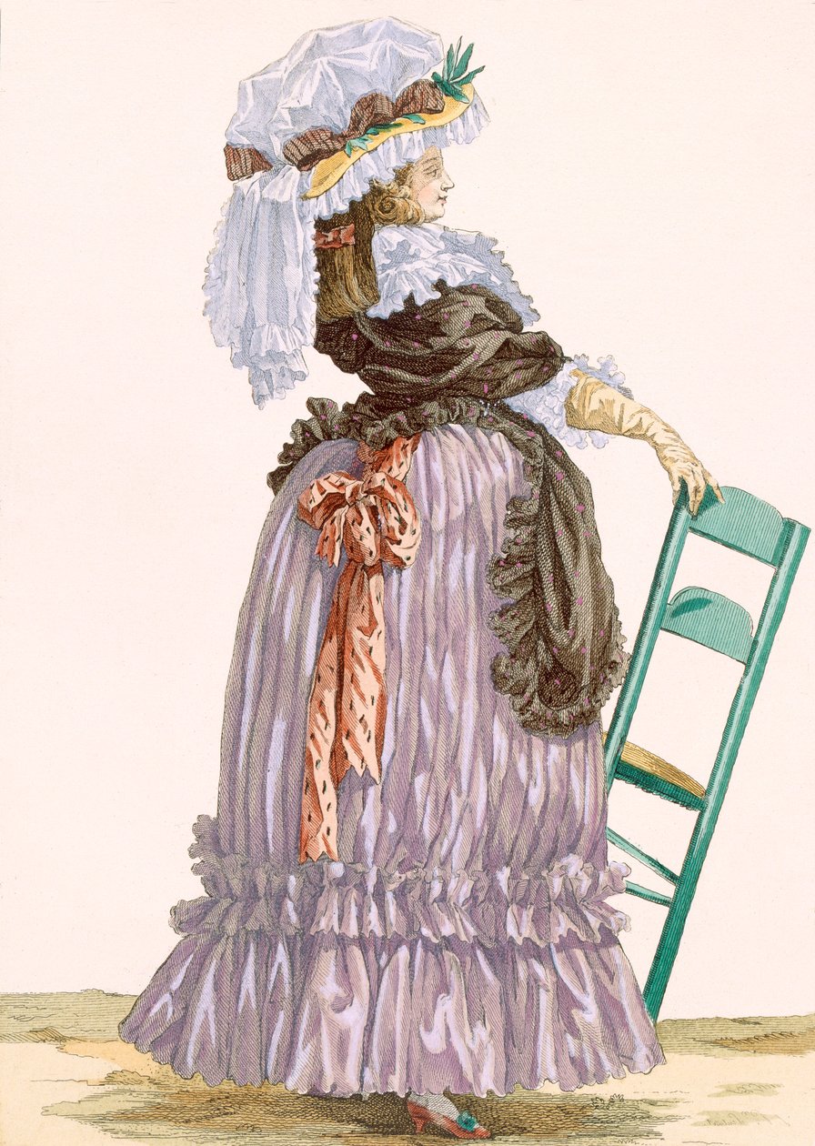 Dame lener seg på stolen, gravert av Dupin, plate nr. 201 fra 'Galeries des Modes et Costumes Francais', ca. 1778-87 av Francois Louis Joseph Watteau