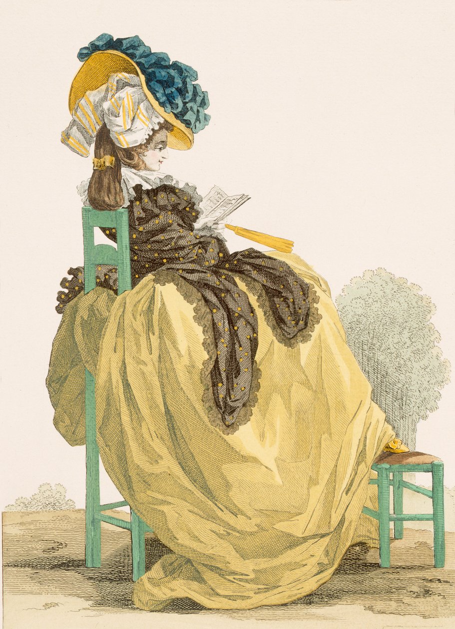 Dame som leser i en hage i en enkel gul kjole med brunt sjal, gravert av Dupin, plate nr. 223 fra 