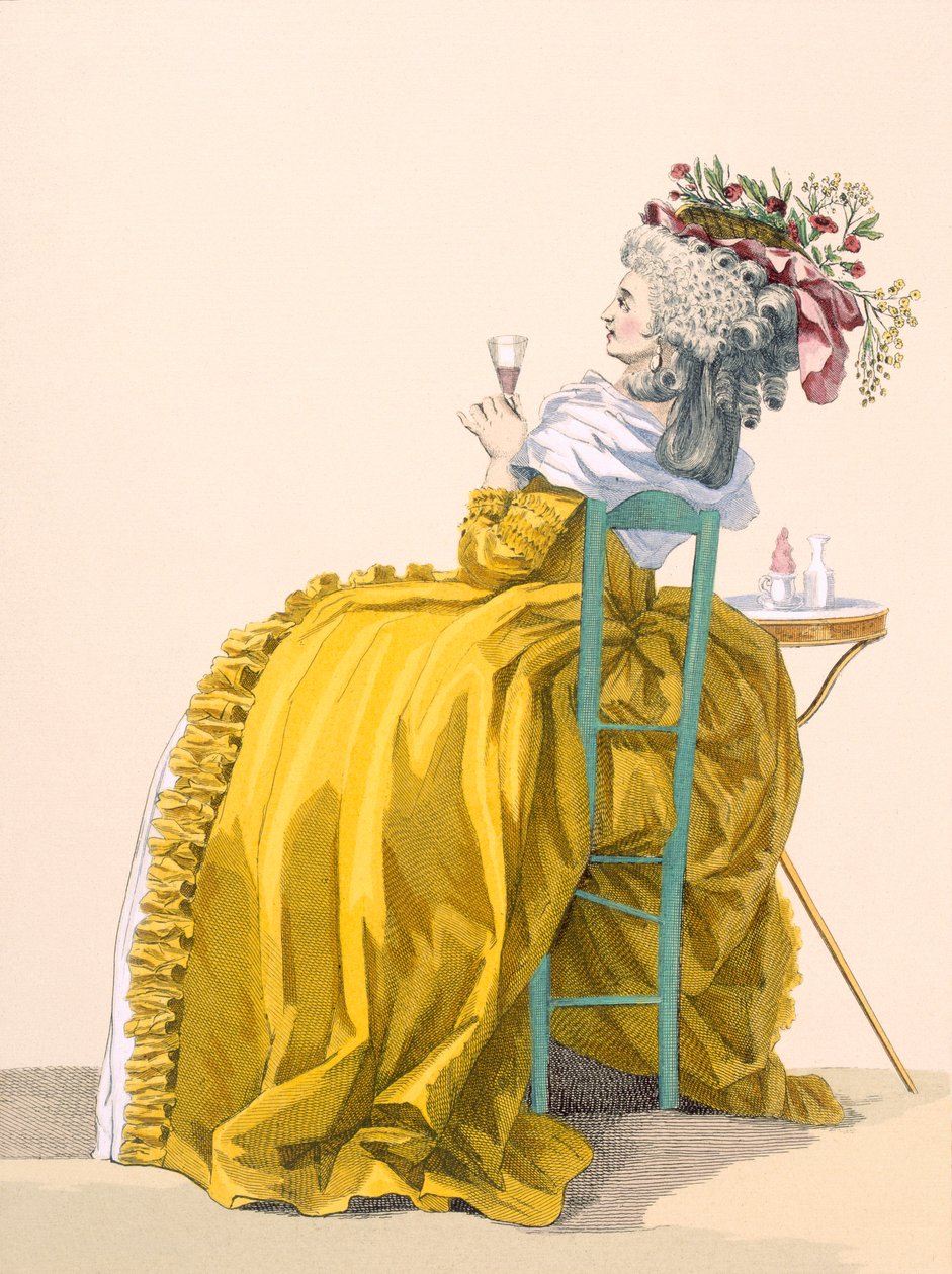 Dame lener seg tilbake på stol og drikker champagne, gravert av Dupin, tallerken nr. 193 fra 