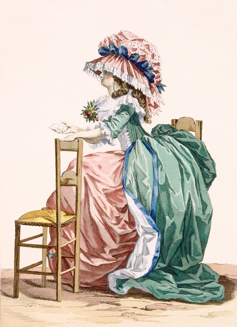 Lady sitter lent på en stol, gravert av Bacquoy, plate 203 fra 