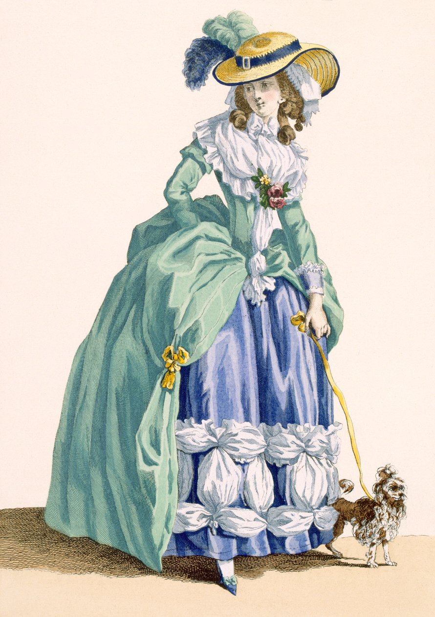 Dame som går tur med hunden sin, gravert av Dupin, plate nr.190 fra 
