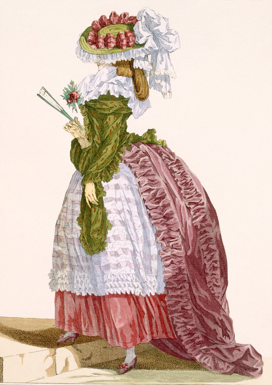 Dames forseggjorte kjole i burgunder og grønt, gravert av Dupin, plate nr. 200 fra 