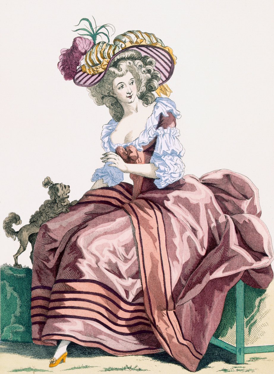 Dames elegante karamellfargede satengkåpe, gravert av Le Beau, plate nr. 172 fra 'Galeries des Modes et Costumes Francais', ca. 1778-87 av Francois Louis Joseph Watteau
